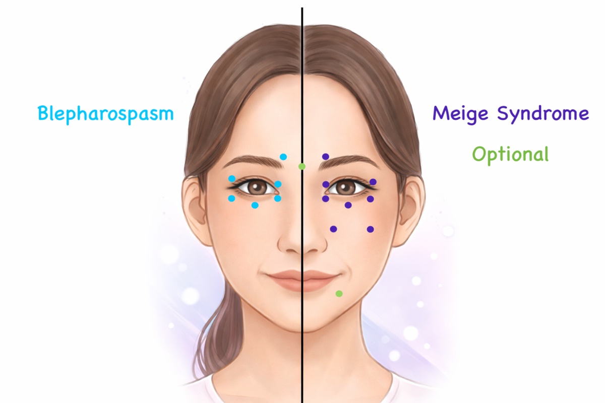 Side-by-side figure showing Botox injection sites for blepharospasm and Meige syndrome — dots mark targets around the orbicularis oculi and surrounding facial muscles