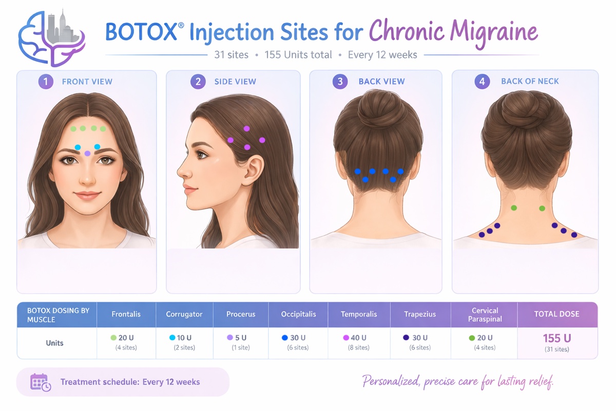 PREEMPT protocol Botox injection sites for chronic migraine — 31 sites totaling 155 units, mapped across front, side, back of head and back of neck, with a per-muscle dosing table